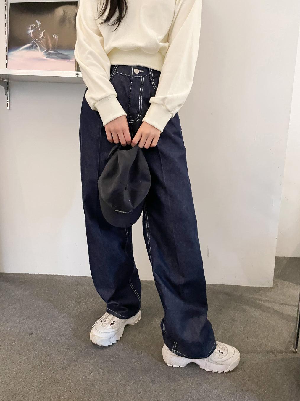 【現貨黑M】明線闊腳牛仔褲 <KR> (S-L) - IKIMSTORE