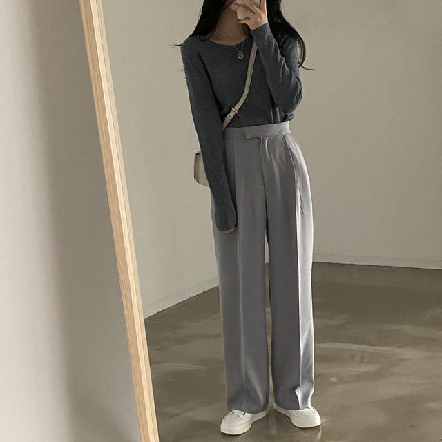 【現貨Cream(M)】天絲暗扣西裝闊褲 <KR> (S-L) - IKIMSTORE