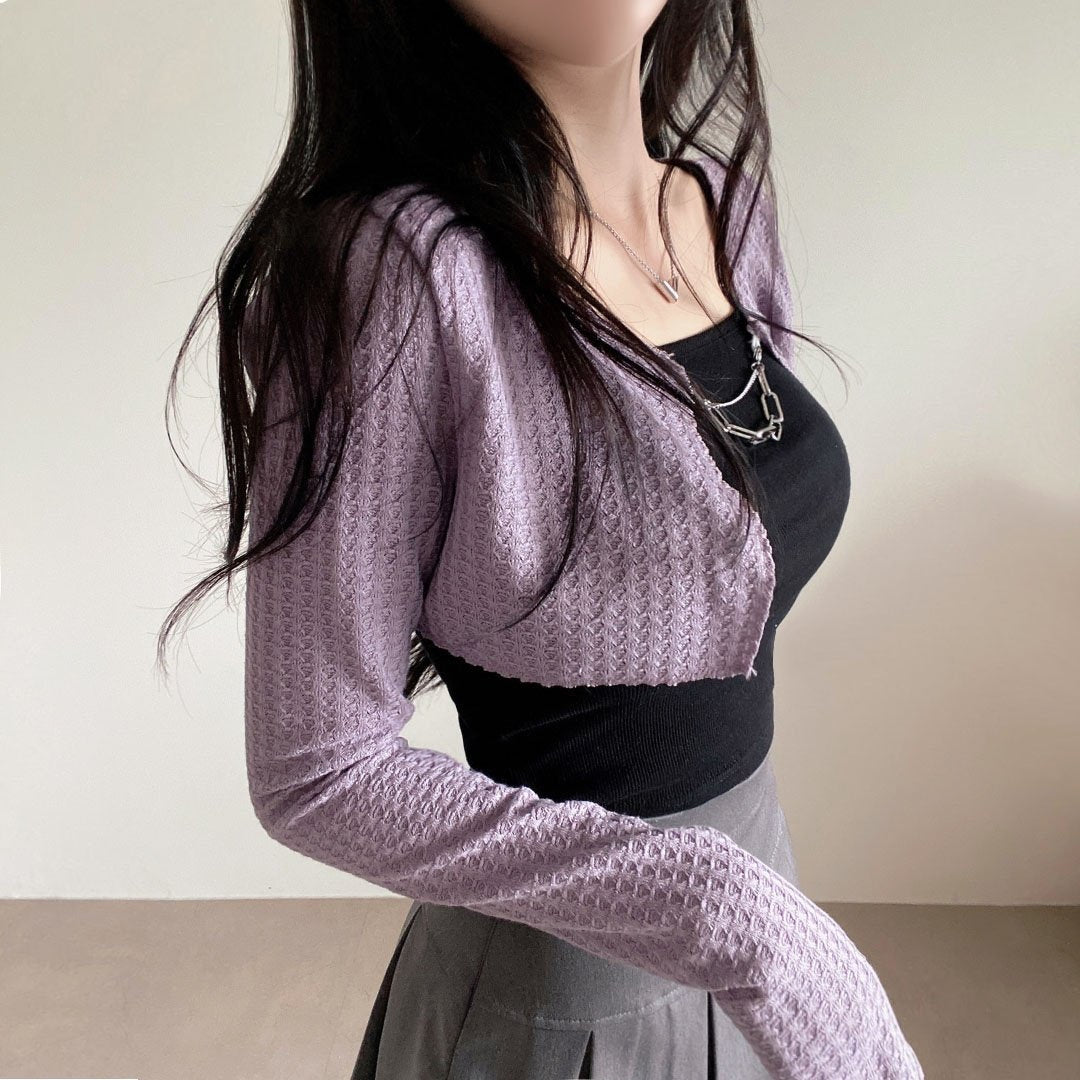 【最後現貨紫黑】⛓韓製銀鏈短版窩夫開衫