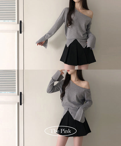 慵懶露肩開衩針衫