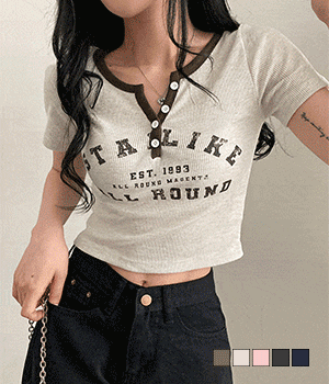 韓製🇰🇷拼色復古鈕扣短款短袖T恤