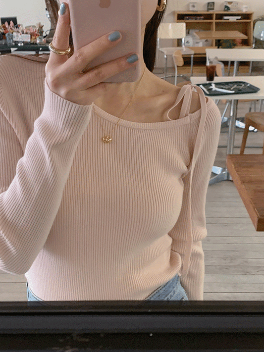 連線價🇰🇷一字肩羅紋綁帶針織衫