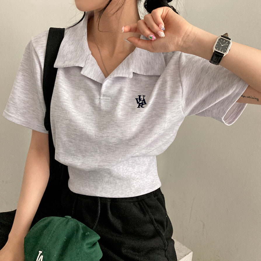 【現貨灰】韓製🇰🇷UVAR小刺繡短款短袖T恤