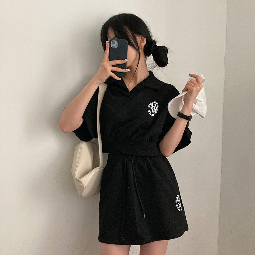 【現貨黑褲】韓製🇰🇷圓標短袖T恤+短褲/迷你裙套裝