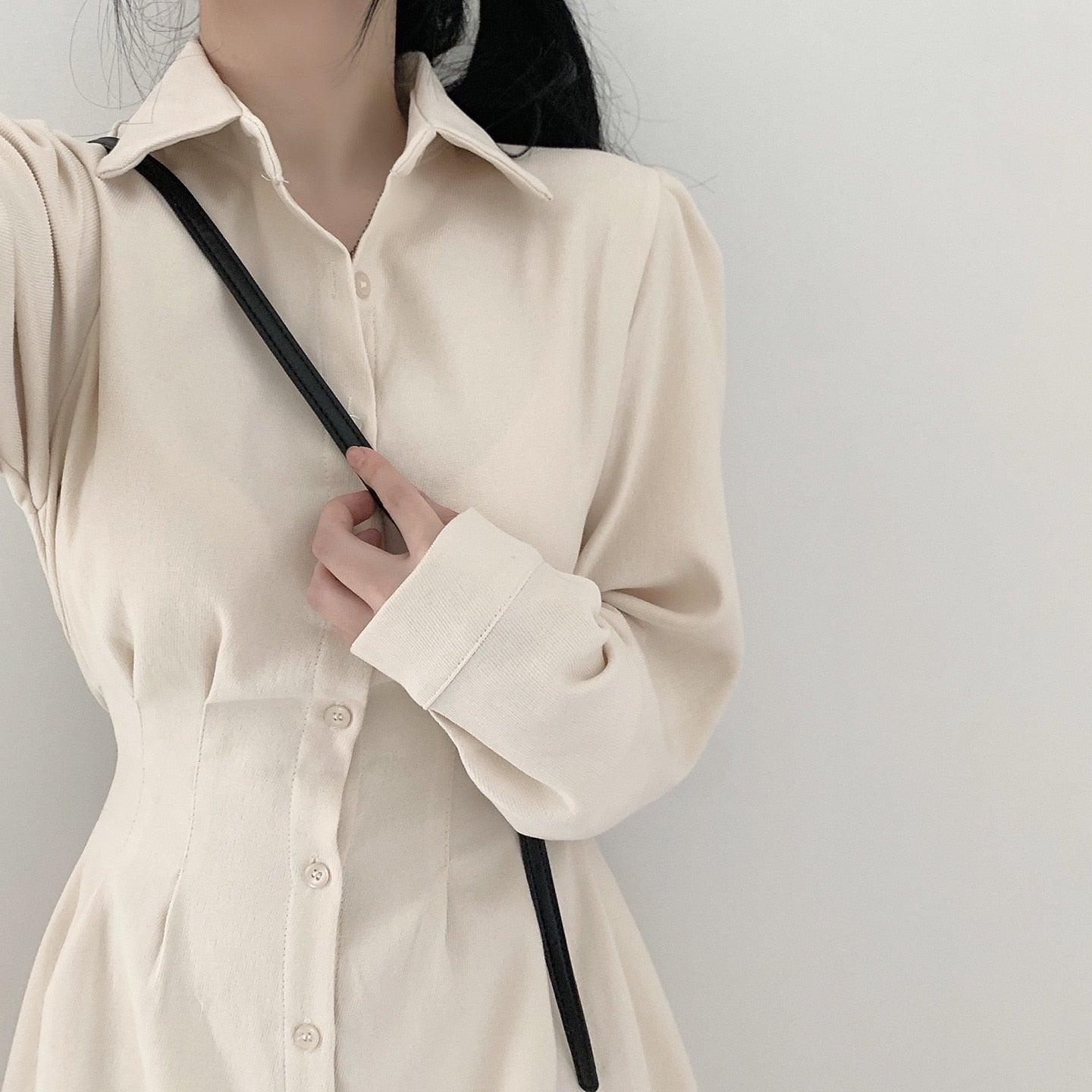 【現貨黑】燈芯絨細褶綁帶恤衫連衣裙(4color) - IKIMSTORE