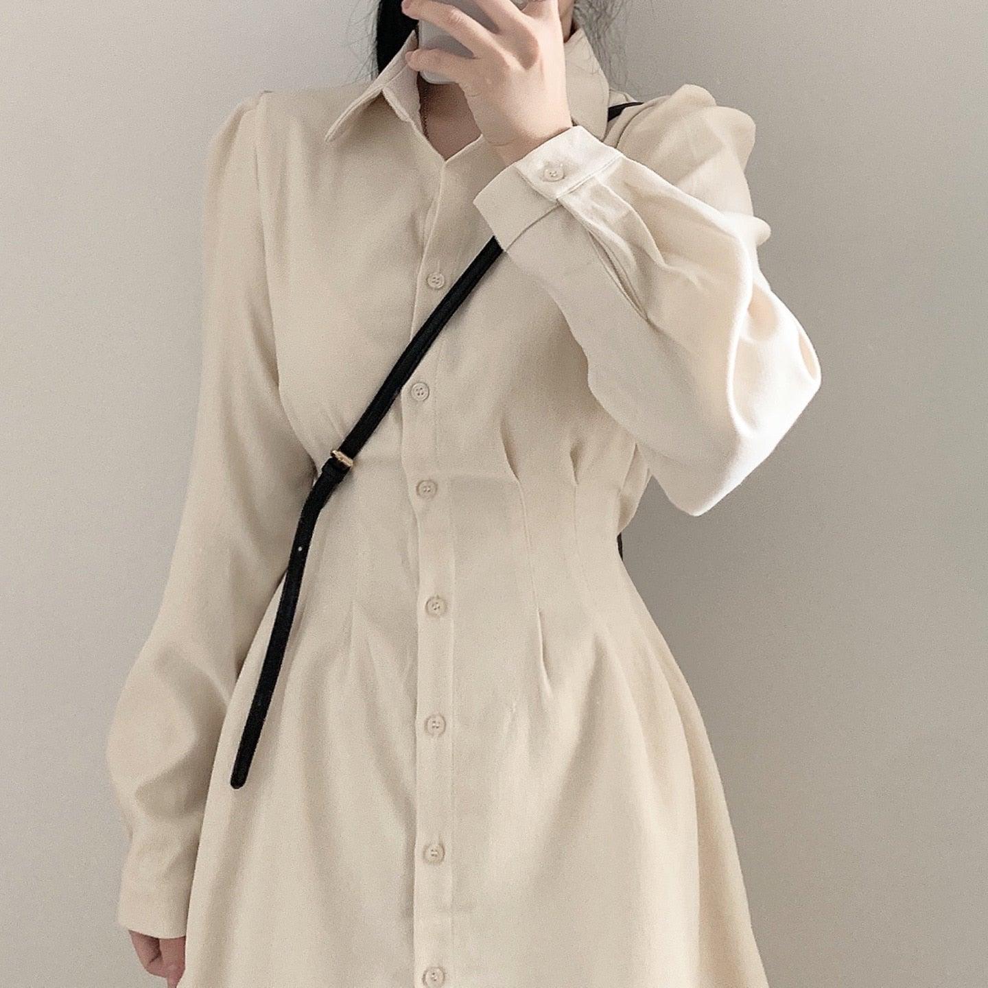 【現貨黑】燈芯絨細褶綁帶恤衫連衣裙(4color) - IKIMSTORE