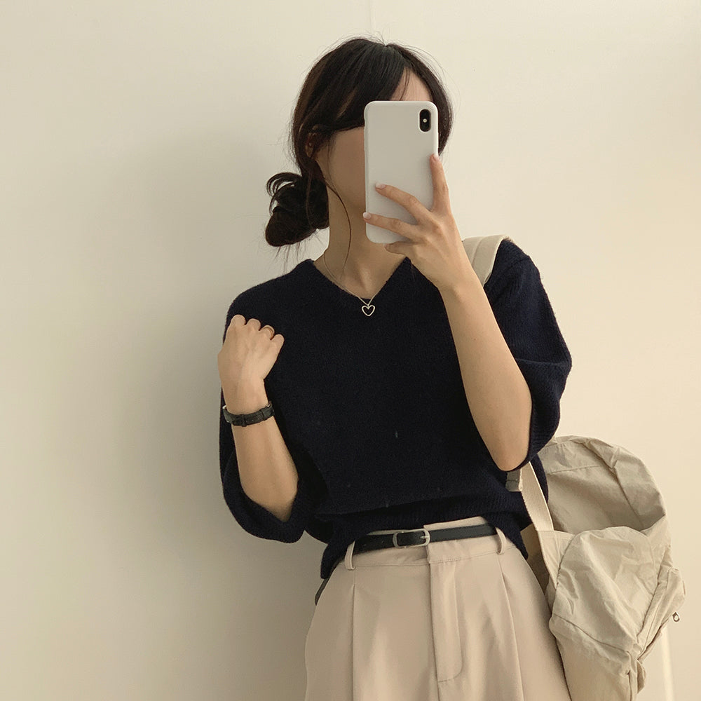 【10色】韓製春季V領短袖針織衫