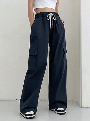 【鬆緊腰】韓製棉質工裝闊腿褲<KR> (4color) - IKIMSTORE