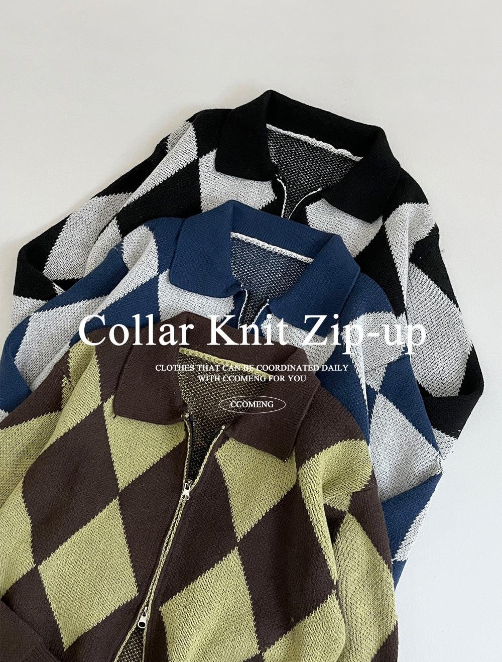 雙拉鏈菱格撞色針織外套(3color) - IKIMSTORE