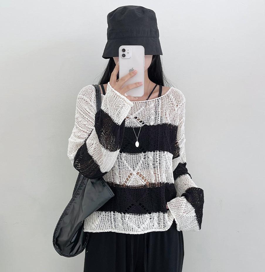 【慵懶感】韓製寬鬆條紋針織上衣<KR> - IKIMSTORE