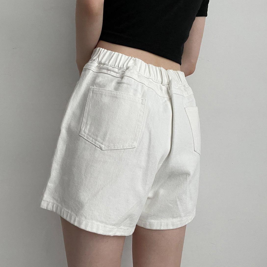 簡潔白色牛仔短褲(S/M)後橡筋腰 - IKIMSTORE