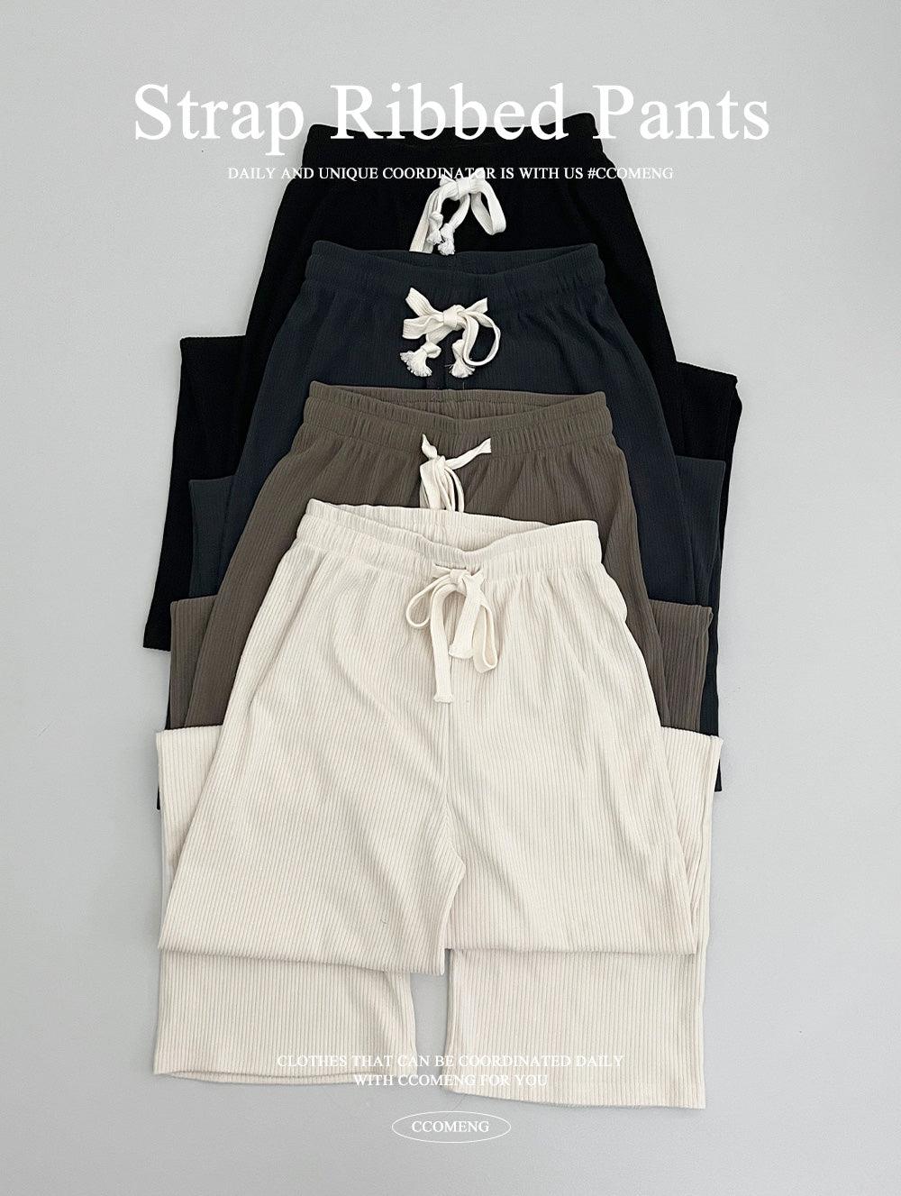 鬆緊腰綁帶羅紋寬褲(4color) - IKIMSTORE