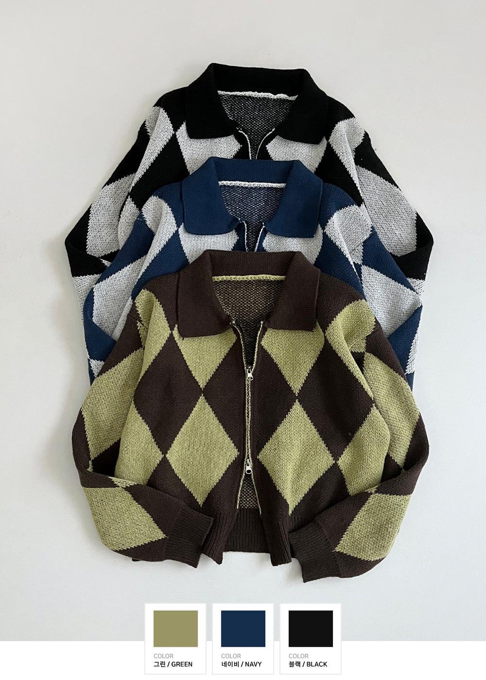 雙拉鏈菱格撞色針織外套(3color) - IKIMSTORE