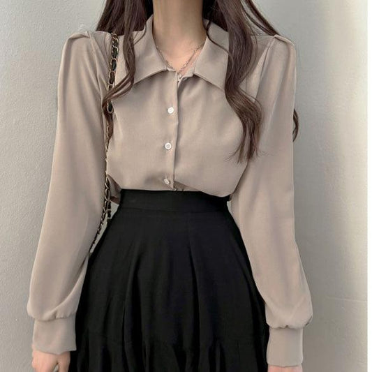 【現貨白杏藍】氣質微泡袖雪紡恤衫<KR> - IKIMSTORE