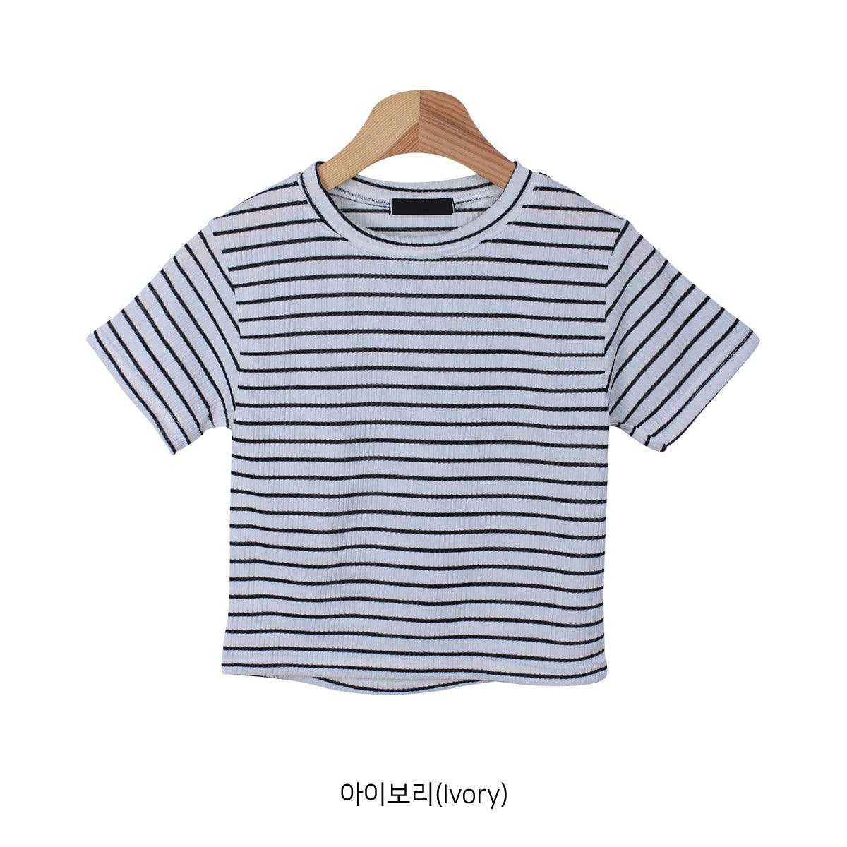 【現貨】日常單品♡ 圓領條紋短款T恤<KR> - IKIMSTORE